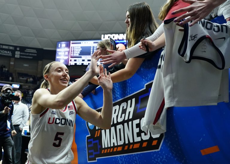 UConn Huskies guard Paige Bueckers (5) exits the floor after defeating the South Dakota State Jackrabbits in the second half at Harry A. Gampel Pavilion.