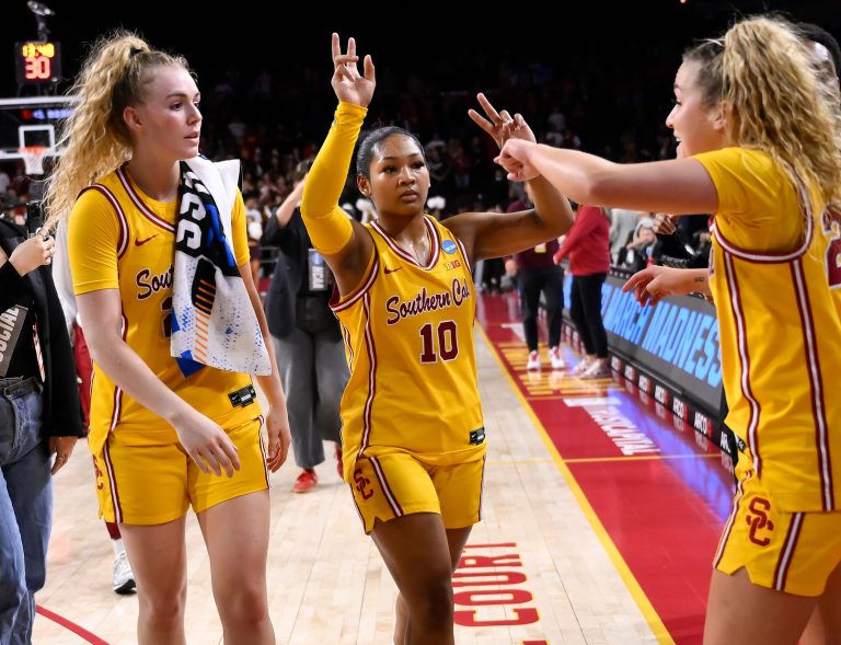 USC Trojans guard Malia Samuels (10) walks off the court with teammates USC Trojans guard Avery Howell (left) and USC Trojans guard Brooklyn Shamblin (right) after beating Mississippi State Bulldogs during an NCAA Tournament second round game at Galen Center.