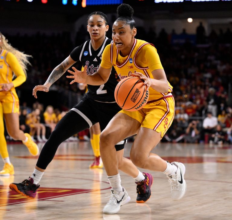 USC Trojans guard JuJu Watkins (12) drives to the basket past Mississippi State Bulldogs guard Jerkaila Jordan (2) during the first quieter of an NCAA Tournament second round game at Galen Center.
