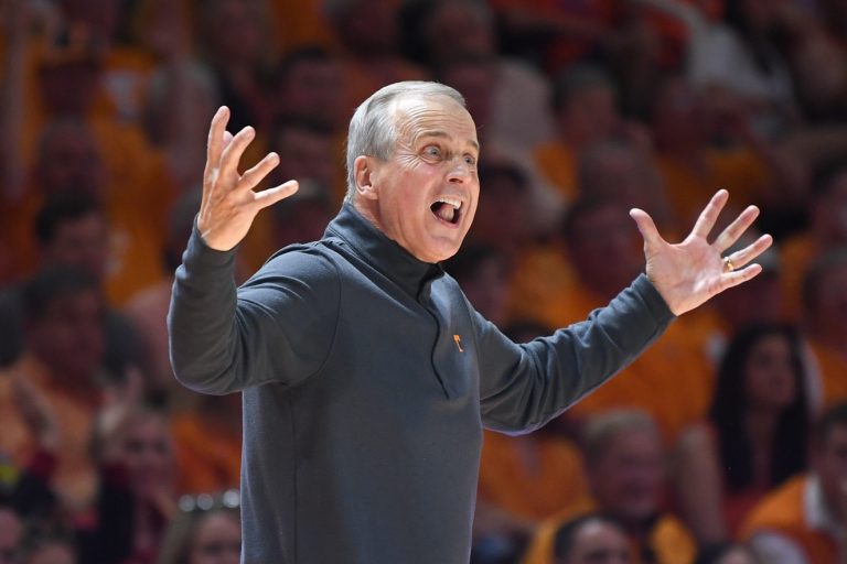 Tennessee head coach Rick Barnes reacts during the final regular season game between Tennessee and Arkansas at Thompson-Boling Arena in Knoxville, Tenn., Saturday, March 5, 2022. Tennessee defeated Arkansas 78-74.