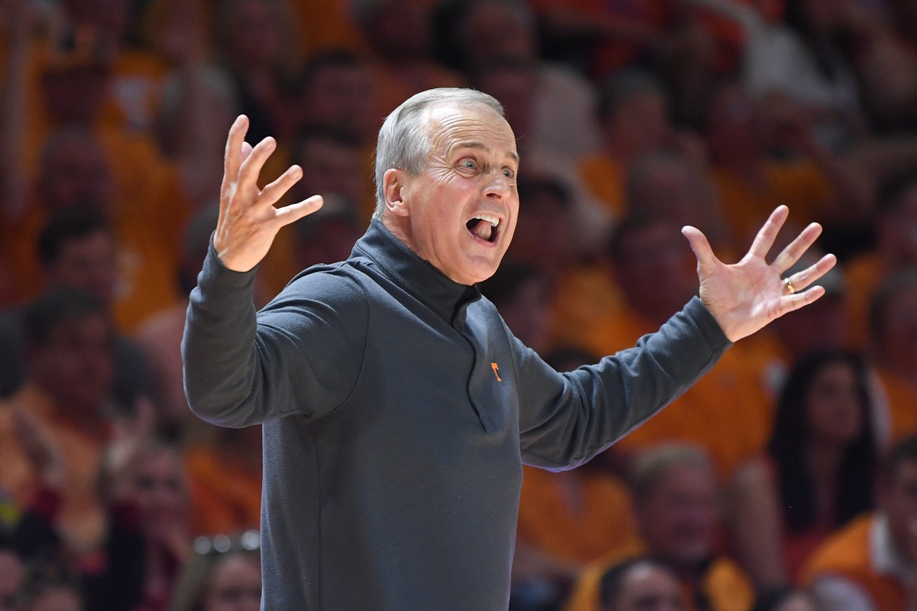 Tennessee head coach Rick Barnes reacts during the final regular season game between Tennessee and Arkansas at Thompson-Boling Arena in Knoxville, Tenn., Saturday, March 5, 2022. Tennessee defeated Arkansas 78-74.
