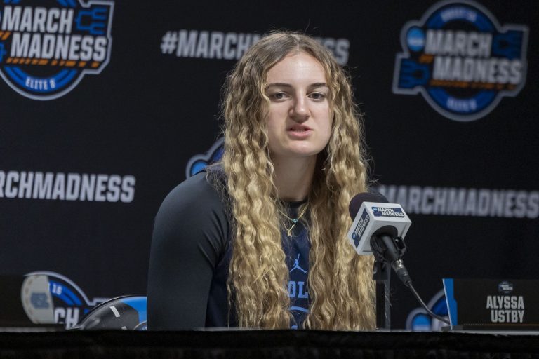 UNC Tar Heels guard forward Alyssa Ustby (1) talks with the media before an NCAA Tournament practice session at Legacy Arena.