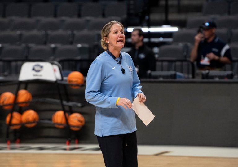 North Carolina Tar Heels head coach Courtney Banghart talks with her team during practice before their Sweet 16 matchup with Duke at Legacy Arena in Birmingham, Ala., on Thursday, March 27, 2025.
