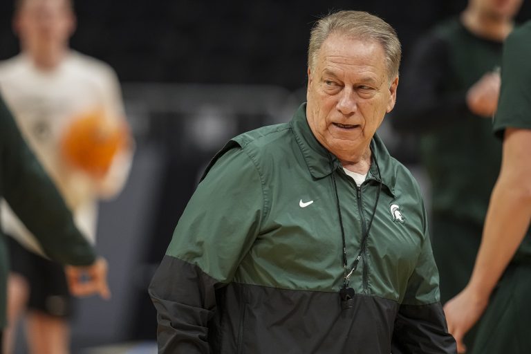 Michigan State Spartans head coach Tom Izzo on the court during practice at State Farm Arena.