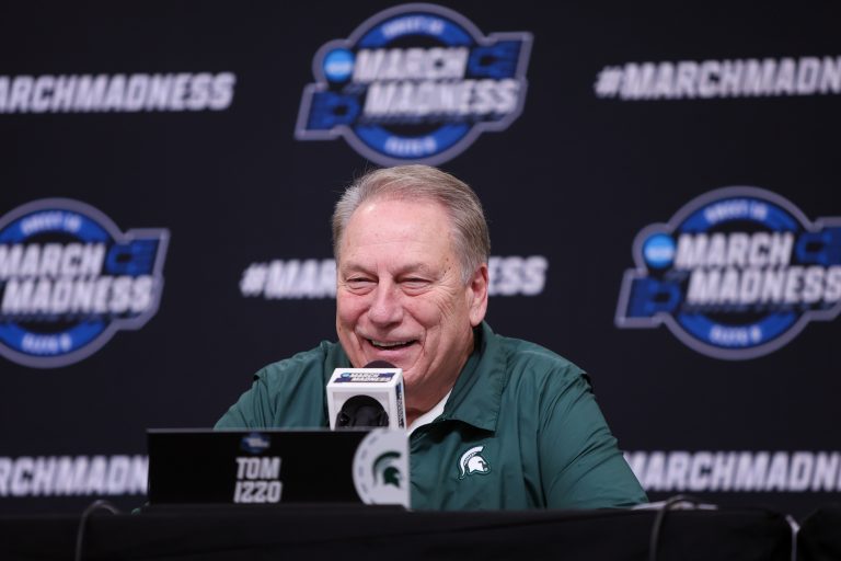 Michigan State Spartans head coach Tom Izzo addresses the media in a press conference during NCAA Tournament South Regional Practice at State Farm Arena.