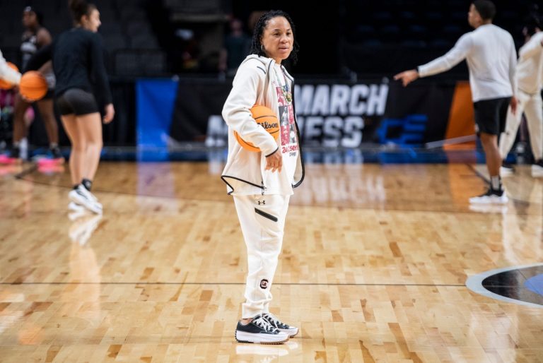 South Carolina Gamecocks head coach Dawn Staley watches on during practice before their Sweet 16 matchup with Maryland at Legacy Arena in Birmingham, Ala., on Thursday, March 27, 2025.