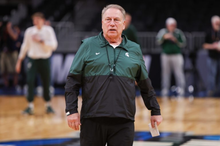 Michigan State Spartans head coach Tom Izzo during NCAA Tournament South Regional Practice at State Farm Arena.