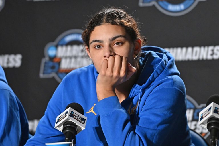 UCLA Bruins center Lauren Betts talks with media during an NCAA Tournament practice session at Spokane Arena.
