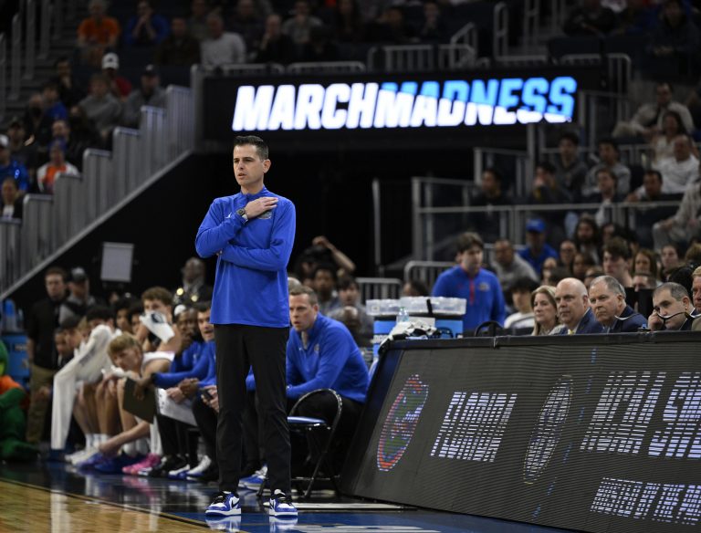 Florida Gators head coach Todd Golden watches play downcourt during the first half against the Maryland Terrapins during a West Regional semifinal of the 2025 NCAA tournament at Chase Center.