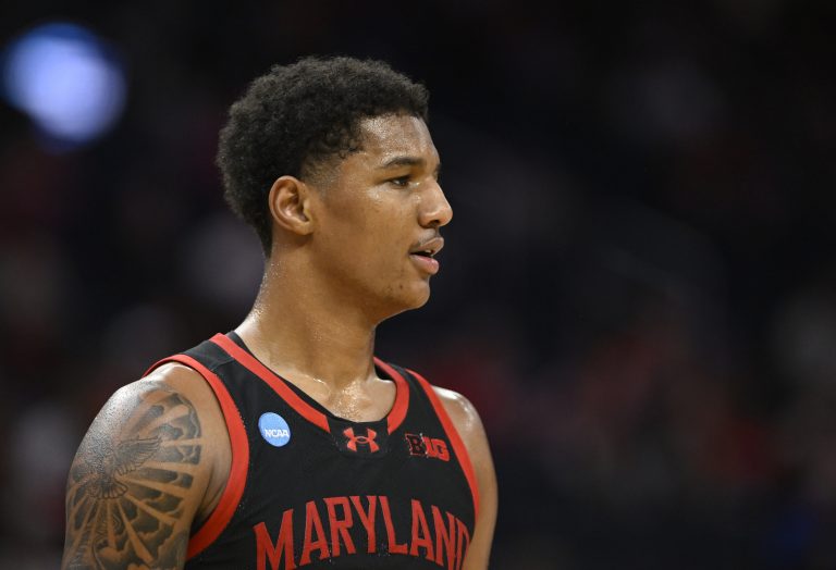 Maryland Terrapins forward Julian Reese (10) walks on court during the first half against the Florida Gators during a West Regional semifinal of the 2025 NCAA tournament at Chase Center.