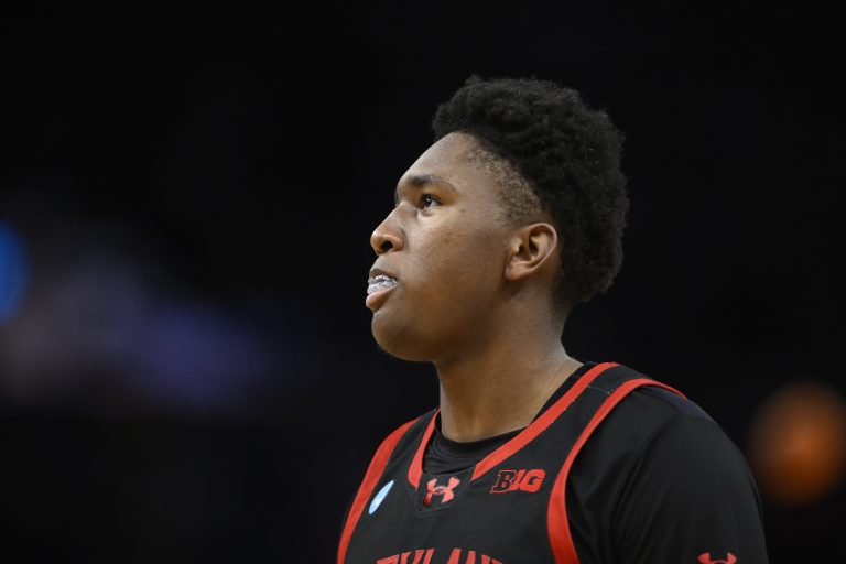 Maryland Terrapins center Derik Queen (25) stands on court during the second half against the Florida Gators during a West Regional semifinal of the 2025 NCAA tournament at Chase Center.