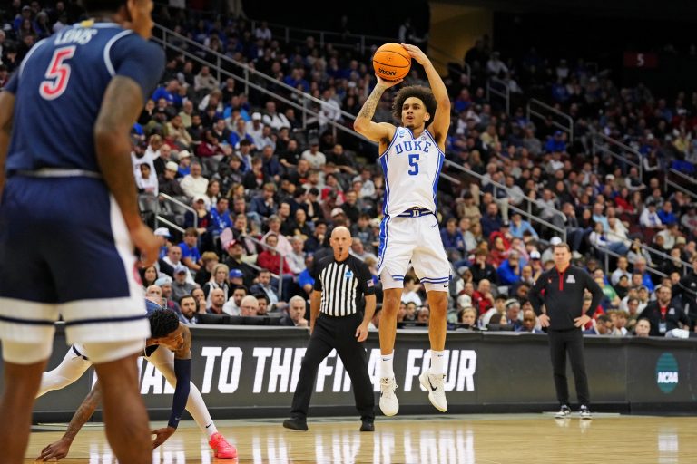 Duke Blue Devils guard Tyrese Proctor (5) shoots the ball during the second half against the Arizona Wildcats during an East Regional semifinal of the 2025 NCAA tournament at Prudential Center.