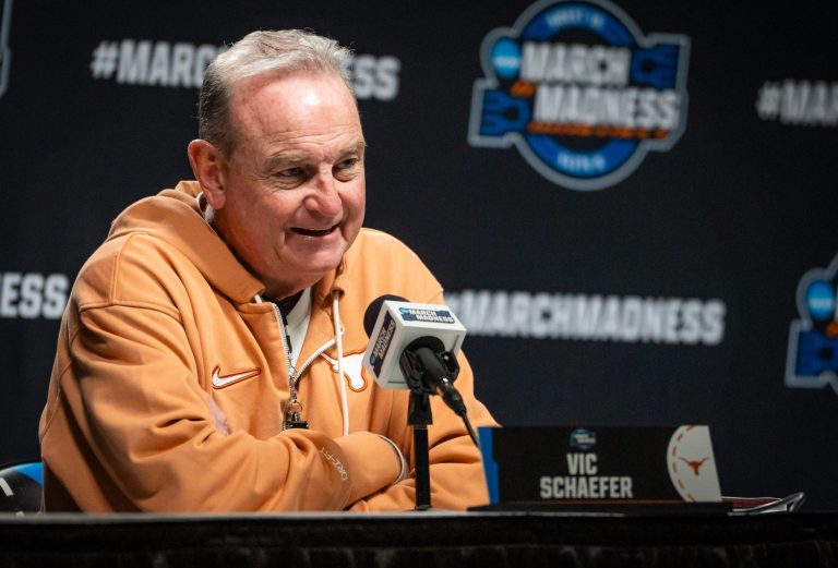 Texas Longhorns head coach Vic Schaefer speaks to the media during a press conference at Legacy Arena in Birmingham, Alabama ahead of the Longhorns' NCAA Division I Basketball Playoff Regional Semi-final game. Texas will face Tennessee in the Sweet 16 on Saturday afternoon.