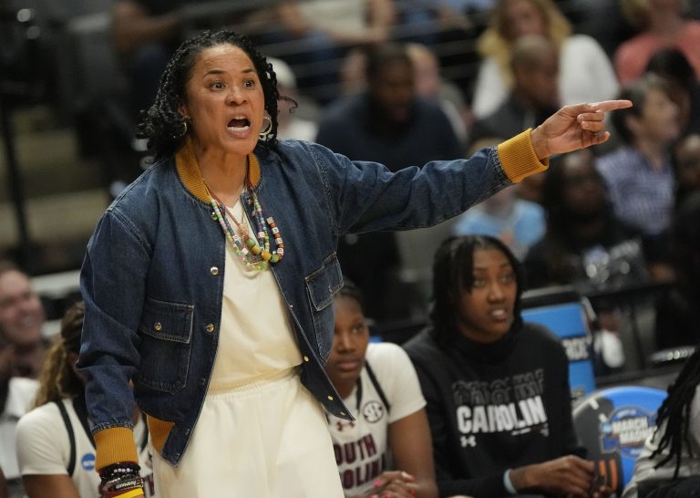 South Carolina Gamecocks coach Dawn Staley gives directions to her team during the game against the Maryland Terrapins at Legacy Arena.