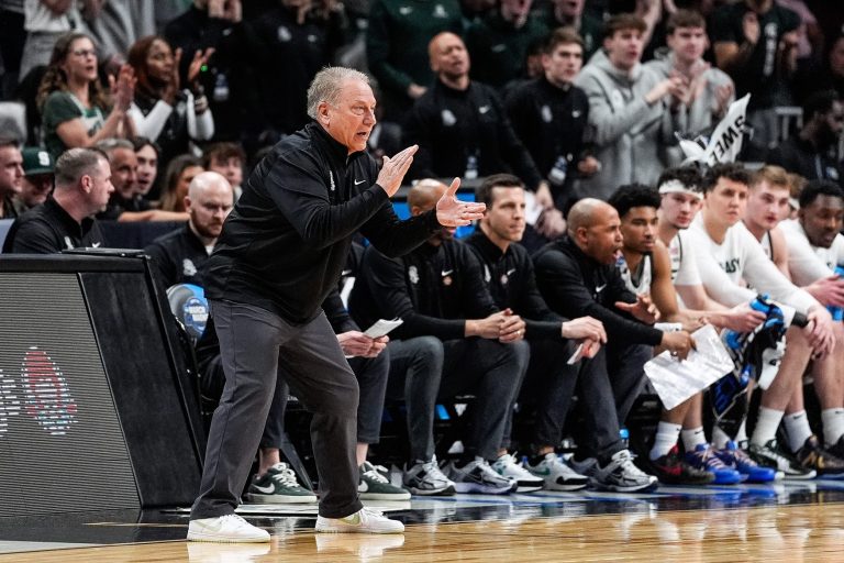 Michigan State head coach Tom Izzo reacts to a play against Ole Miss during the first half of the Sweet 16 round of NCAA tournament at State Farm Arena in Atlanta, Ga.
