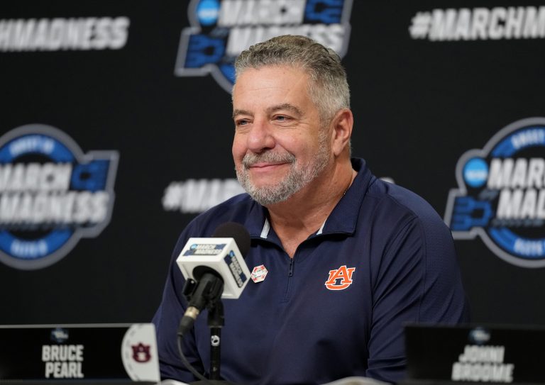 Auburn Tigers head coach Bruce Pearl at a press conference after defeating the Michigan Wolverines in a South Regional semifinal of the 2025 NCAA tournament at State Farm Arena.