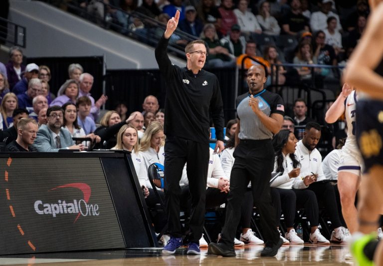 TCU Horned Frogs head coach Mark Campbell talks with his team as TCU Horned Frogs face off with Notre Dame Fighting Irish during the Sweet 16 at Legacy Arena in Birmingham, Ala., on Saturday, March 29, 2025.