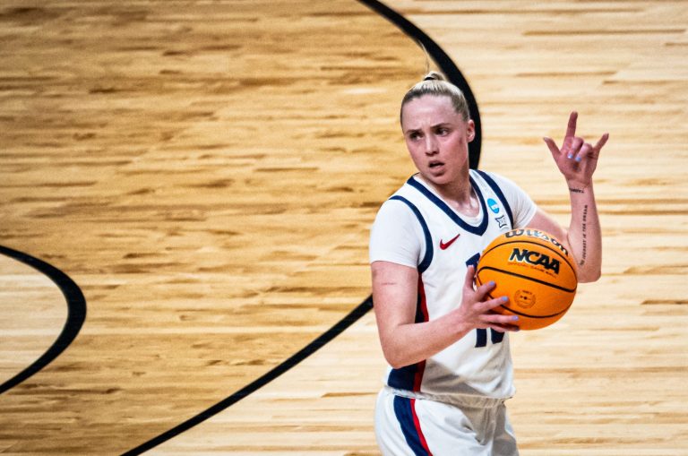 TCU Horned Frogs guard Hailey Van Lith (10) signals to her team as they play the Notre Dame Fighting Irish NCAA Playoff Regional semi-final game at Legacy Arena in Birmingham Alabama, March 29, 2025.