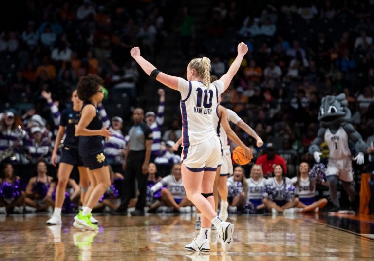 TCU Horned Frogs guard Hailey Van Lith (10) celebrates victory as TCU Horned Frogs face off with Notre Dame Fighting Irish during the Sweet 16 at Legacy Arena in Birmingham, Ala., on Saturday, March 29, 2025. TCU Horned Frogs defeated Notre Dame Fighting Irish 71-62 to advance to the Elite 8.