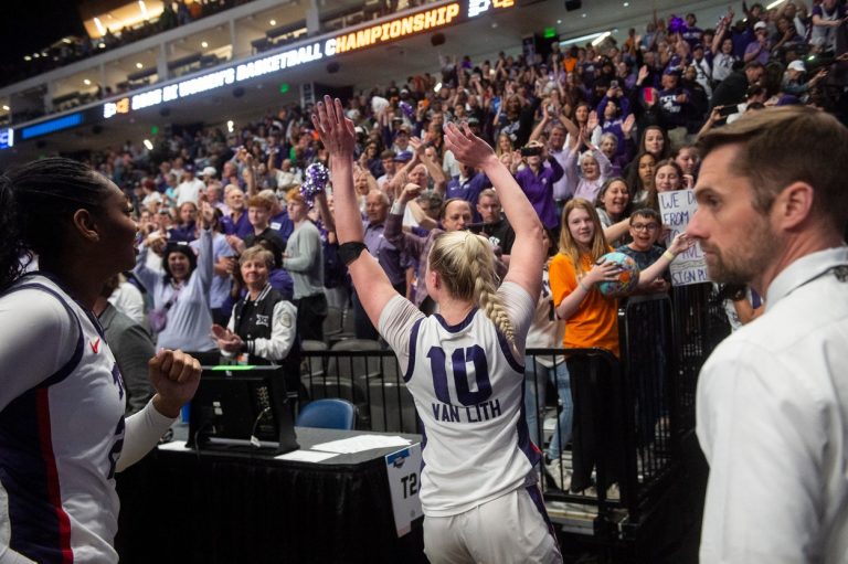 Hailey Van Lith (10) celebrates with fans as TCU Horned Frogs face off with Notre Dame Fighting Irish during the Sweet 16 at Legacy Arena