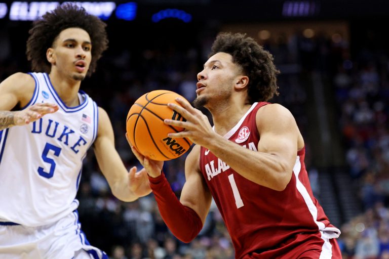 Alabama Crimson Tide guard Mark Sears (1) drives to the basket against Duke Blue Devils guard Tyrese Proctor (5) during the second half in the East Regional final of the 2025 NCAA tournament at Prudential Center.