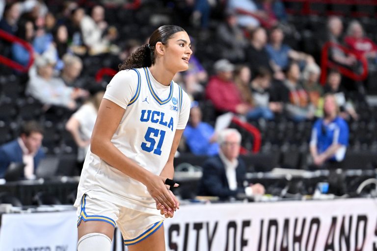 UCLA Bruins center Lauren Betts (51) stretches before a the Elite 8 NCAA Tournament basketball game against the LSU Lady Tigers at Spokane Arena.