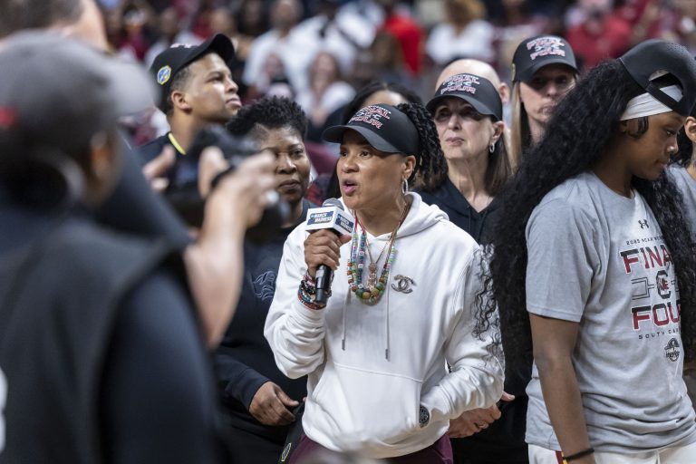 South Carolina Gamecocks head coach Dawn Staley gives words of thanks to the city of Birmingham and to the fans after the South Carolina Gamecocks defeated the Duke Blue Devils at an Elite 8 NCAA Tournament basketball game at Legacy Arena.