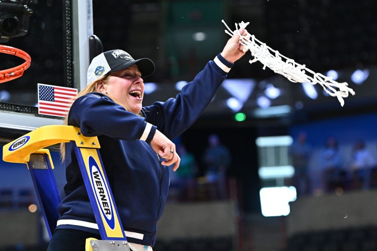 UCLA Bruins head coach Cori Close celebrates after a Elite 8 NCAA Tournament basketball game against the LSU Lady Tigers at Spokane Arena.