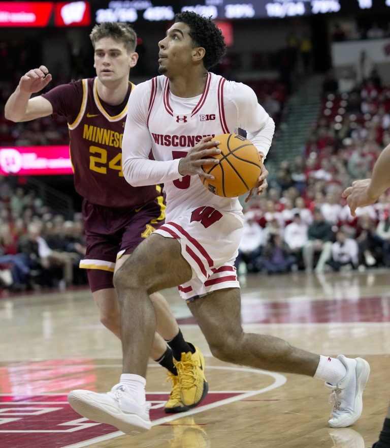 Wisconsin guard Daniel Freitag (5) drives to the basket during the second half of their game Friday, January 10, 2025 at the Kohl Center in Madison, Wisconsin. Wisconsin beat Minnesota 80-59.