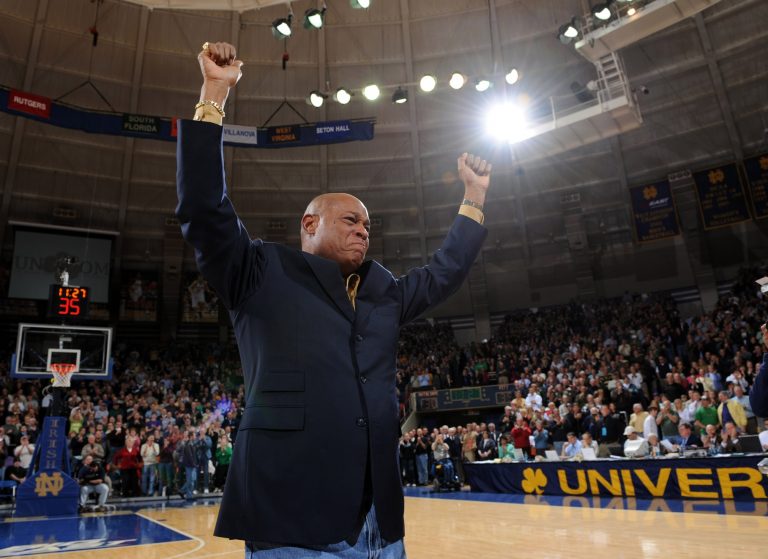 Notre Dame Fighting Irish former basketball player Austin Carr reacts to the crowd as he was honored at halftime of the game against the Pittsburgh Panthers at the Joyce Center. Notre Dame won 82-70.