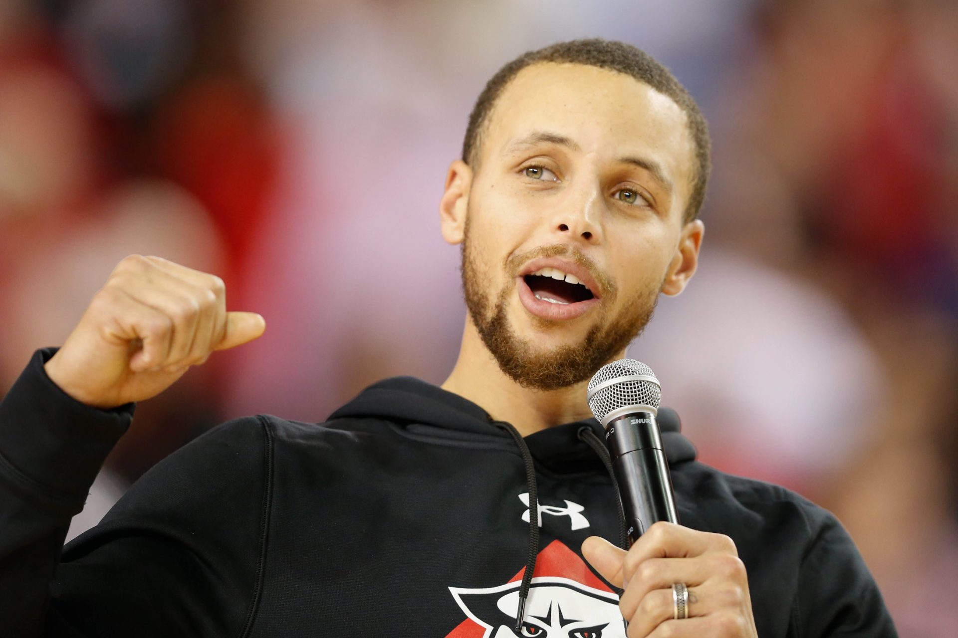 Golden State Warriors guard Stephen Curry speaks at halftime after the student section was renamed honoring him during the game against the Duquesne Dukes at McKillop Court at John M. Belk Arena. Davidson defeated Duquesne 74-60.