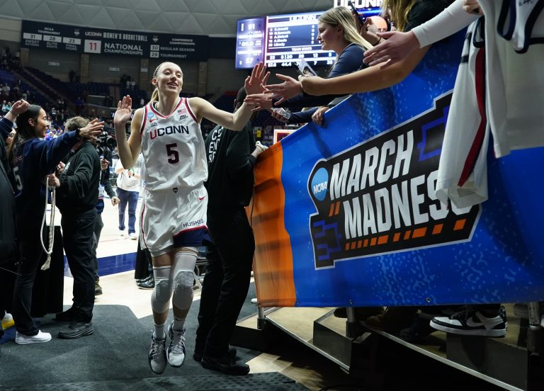 UConn Huskies guard Paige Bueckers (5) exits the floor after defeating the South Dakota State Jackrabbits in the second half at Harry A. Gampel Pavilion.