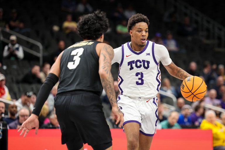 TCU Horned Frogs guard Vasean Allette (3) brings the ball up court around Colorado Buffaloes guard Julian Hammond III (3) during the first half at T-Mobile Center.