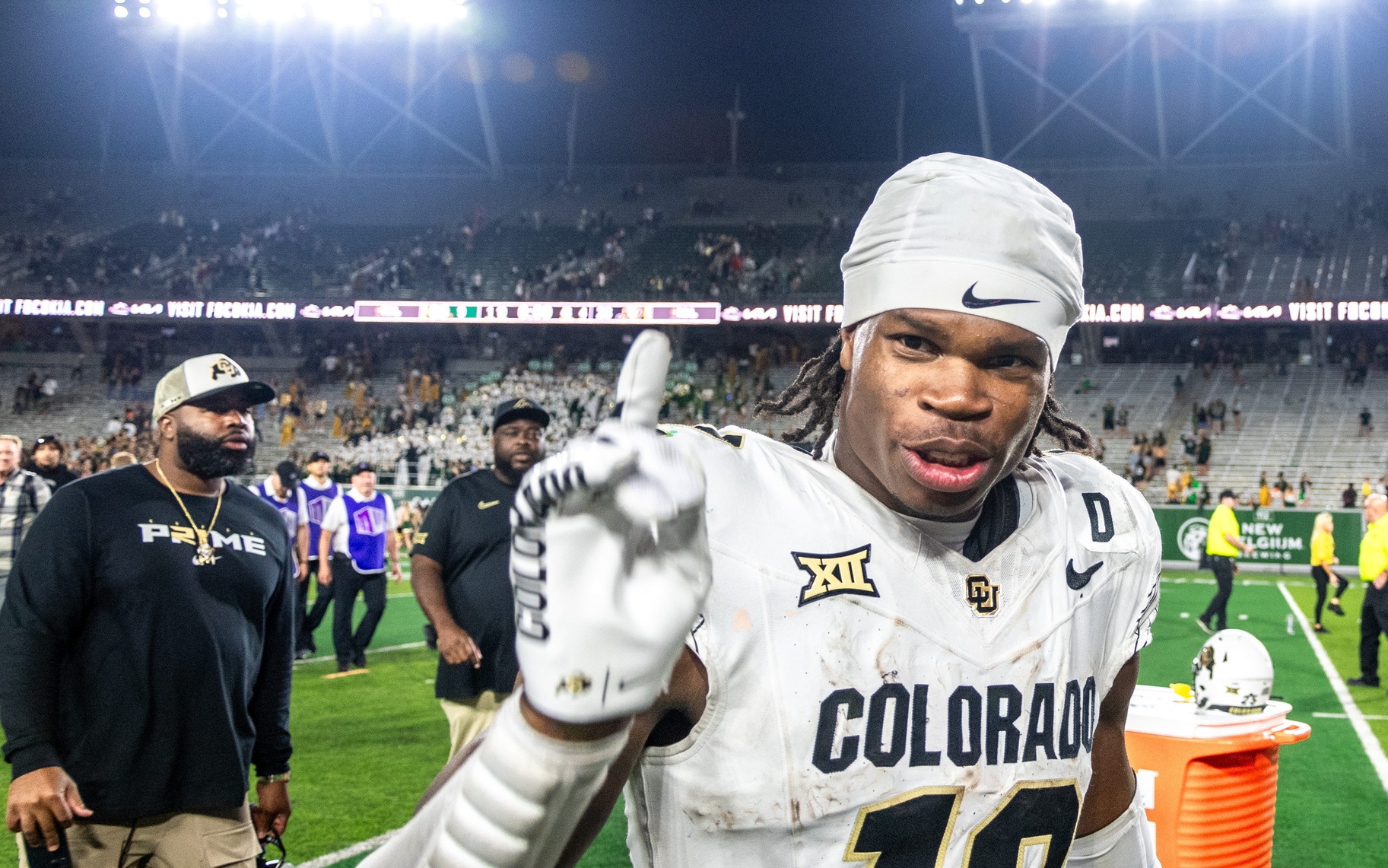 CU football standout athlete Travis Hunter flashes a No. 1 with his finger after a win against CSU in the Rocky Mountain Showdown at Canvas Stadium on Saturday, Sept. 14, 2024, in Fort Collins, Colo.