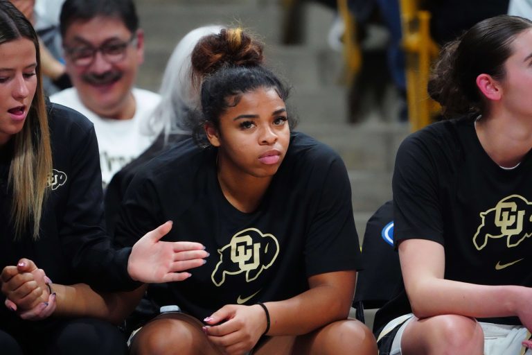 Colorado Buffaloes guard Shelomi Sanders (22) on the bench in the fourth quarter against the UCLA Bruins at the CU Events Center.
