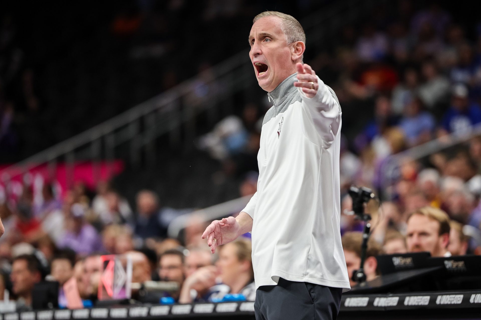 Arizona State Sun Devils coach Bobby Hurley reacts to a play during the first half against the Kansas State Wildcats at T-Mobile Center.