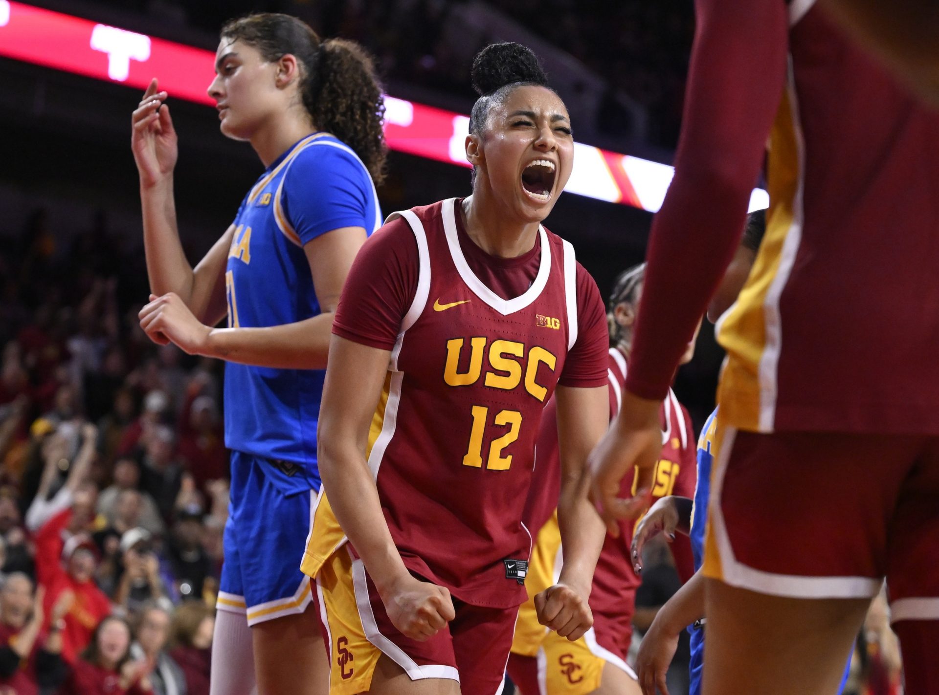 USC Trojans guard JuJu Watkins (12) reacts after scoring in the fourth quarter against the UCLA Bruins at Galen Center.