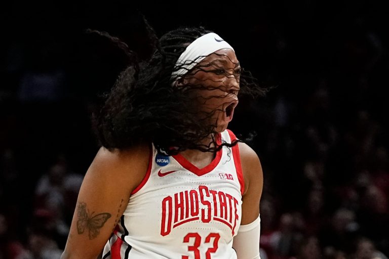 Ohio State Buckeyes forward Cotie McMahon (32) reacts during the second round of the women's NCAA Tournament at Value City Arena in Columbus on March 23, 2025.