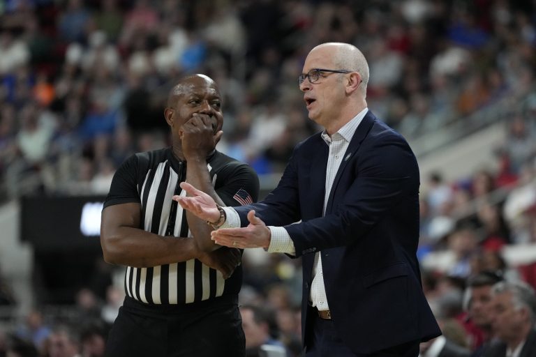 Connecticut Huskies head coach Dan Hurley reacts during the first half against the Oklahoma Sooners at Lenovo Center.