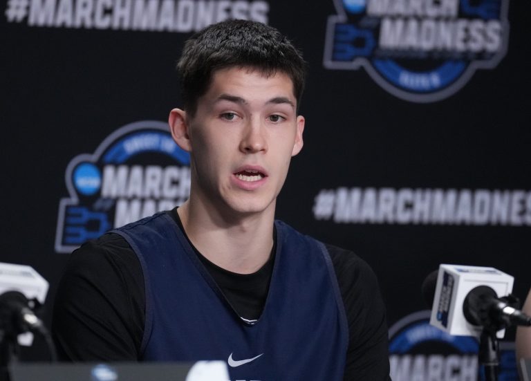 Brigham Young Cougars guard Egor Demin (3) talks to the media at the Prudential Center.