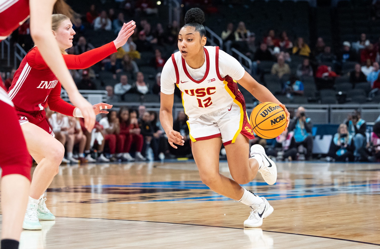 USC Trojans guard JuJu Watkins (12) drives Friday, March 7, 2025, agains the Indiana Hoosiers during the Big Ten women's tournament at Gainbridge Fieldhouse in Indianapolis.