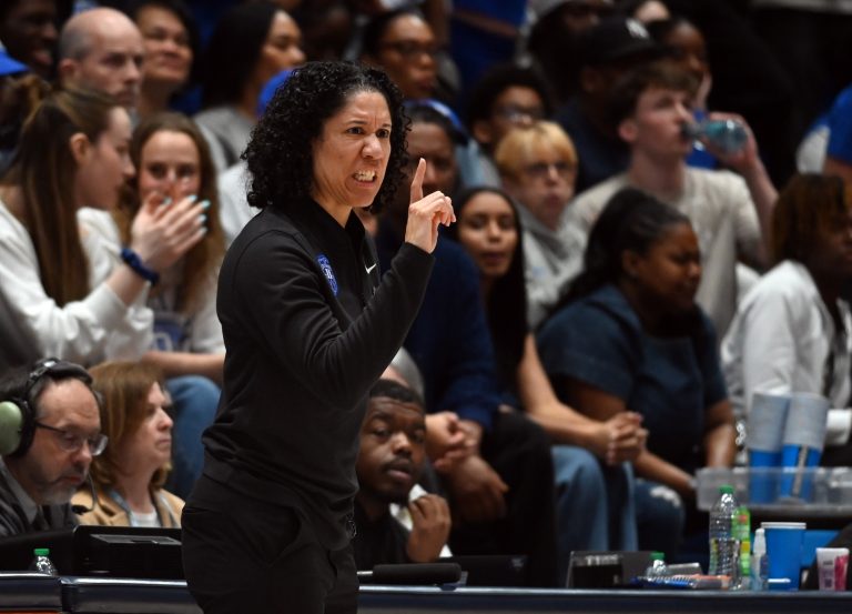 Duke Blue Devils head coach Kara Lawson directs her team during the second half against the Oregon Ducks at Cameron Indoor Stadium. The Blue Devils won 59-53.
