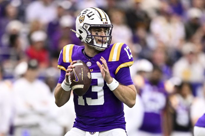 LSU Tigers quarterback Garrett Nussmeier (13) throws a pass during the first half against the Baylor Bears at NRG Stadium. The Tigers defeat the Bears 44-31.