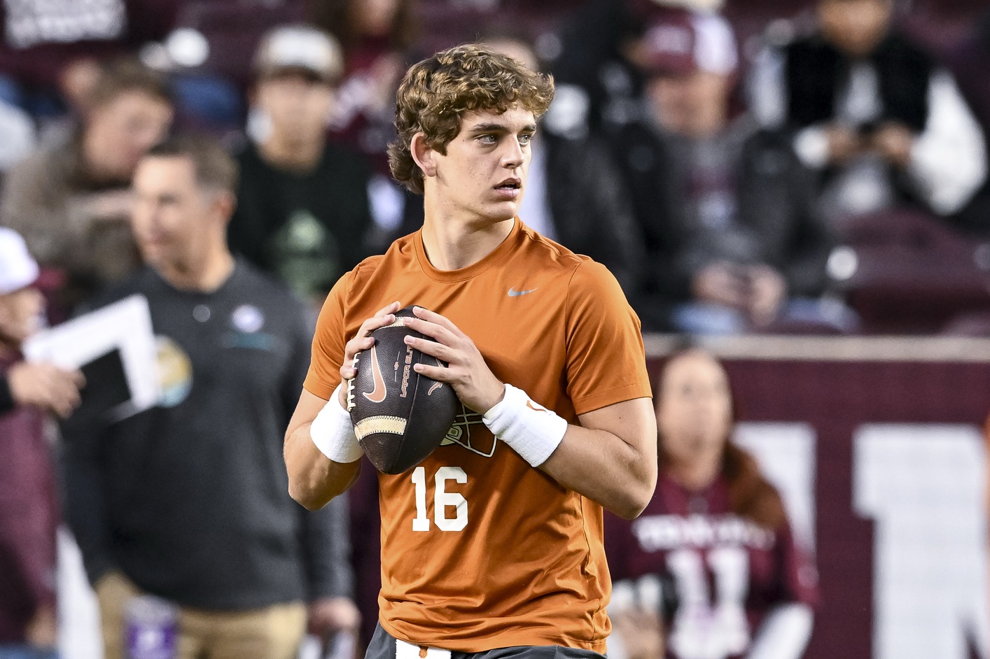 Texas Longhorns quarterback Arch Manning warms up prior to the game against the Texas A&M Aggies. The Longhorns defeated the Aggies 17-7 at Kyle Field.