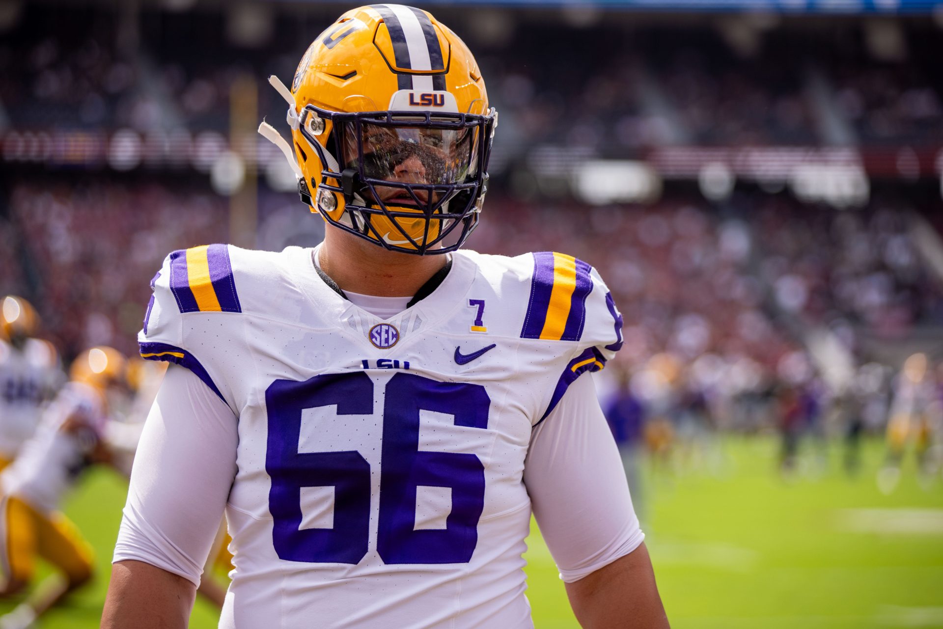 LSU Tigers offensive tackle Will Campbell (66) warms up before a game against the South Carolina Gamecocks at Williams-Brice Stadium.