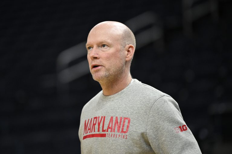 Maryland Terrapins head coach Kevin Willard watches during NCAA Tournament West Regional Practice at Chase Center.