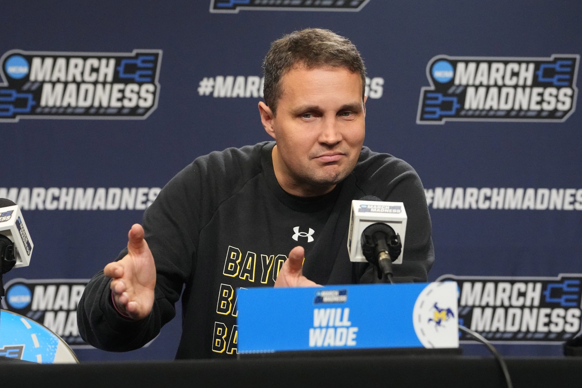 McNeese State Cowboys head coach Will Wade answers questions during the first round practice session press conference at Amica Mutual Pavilion.