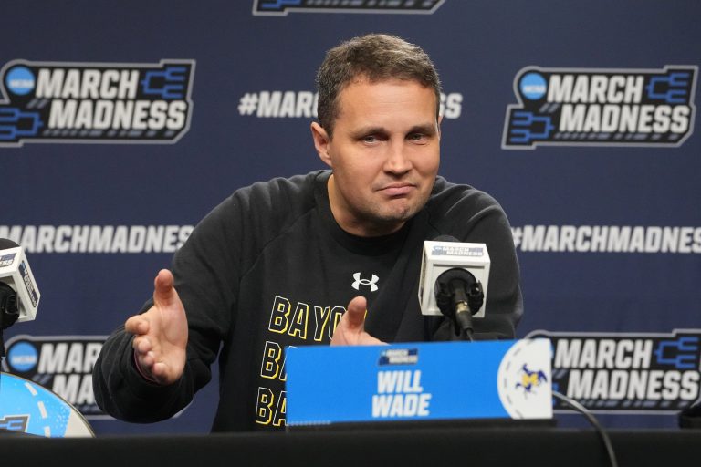 McNeese State Cowboys head coach Will Wade answers questions during the first round practice session press conference at Amica Mutual Pavilion.