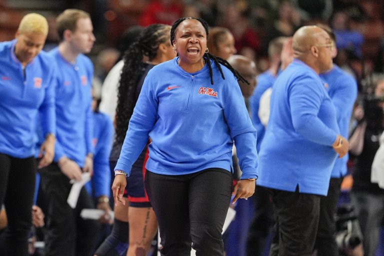Ole Miss Rebels head coach Yolett McPhee-McCuin reacts to a play during the first half against the Texas Longhorns at Bon Secours Wellness Arena.