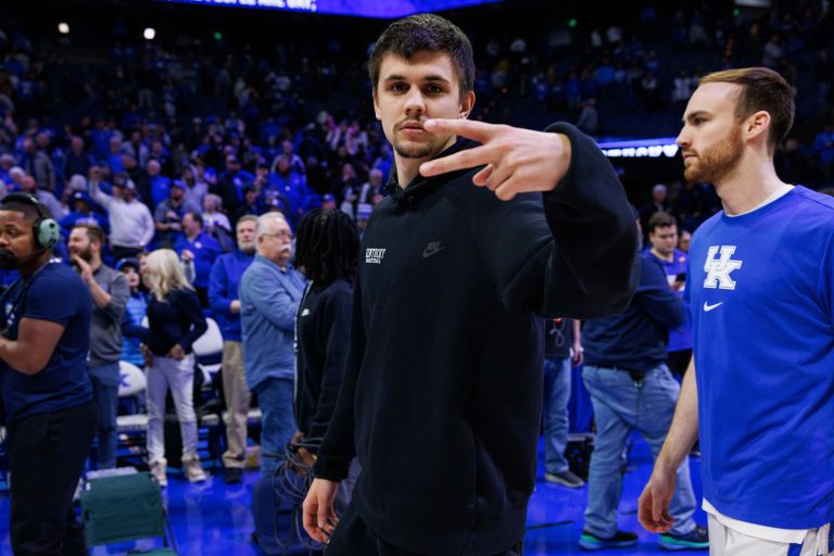 Kentucky Wildcats guard Kerr Kriisa poses for a photo after the game against the Vanderbilt Commodores at Rupp Arena